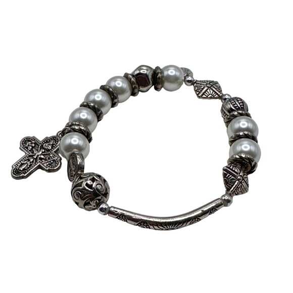 Alexa's Angels Bracelet Women Silver Tone Stretch Beaded Cross Religious 7.8" - Picture 2 of 9